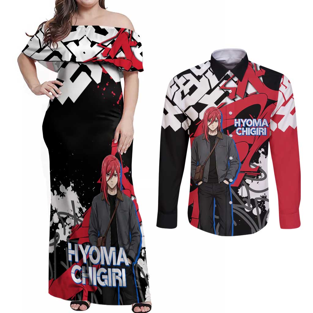 Hyoma Chigiri Blue Lock Couples Matching Off Shoulder Maxi Dress and Long Sleeve Button Shirt Urban Graffiti Street Art Style
