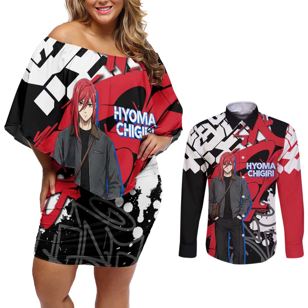 Hyoma Chigiri Blue Lock Couples Matching Off Shoulder Short Dress and Long Sleeve Button Shirt Urban Graffiti Street Art Style