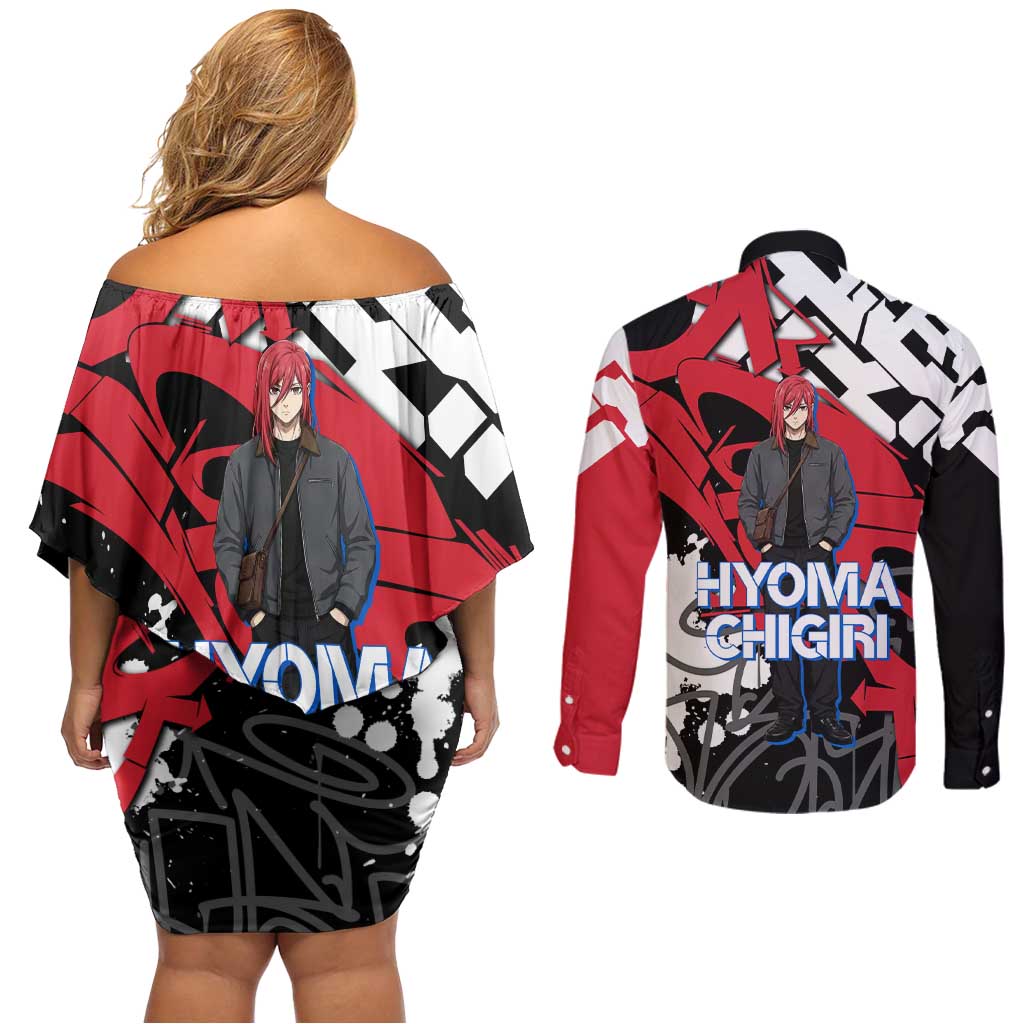 Hyoma Chigiri Blue Lock Couples Matching Off Shoulder Short Dress and Long Sleeve Button Shirt Urban Graffiti Street Art Style