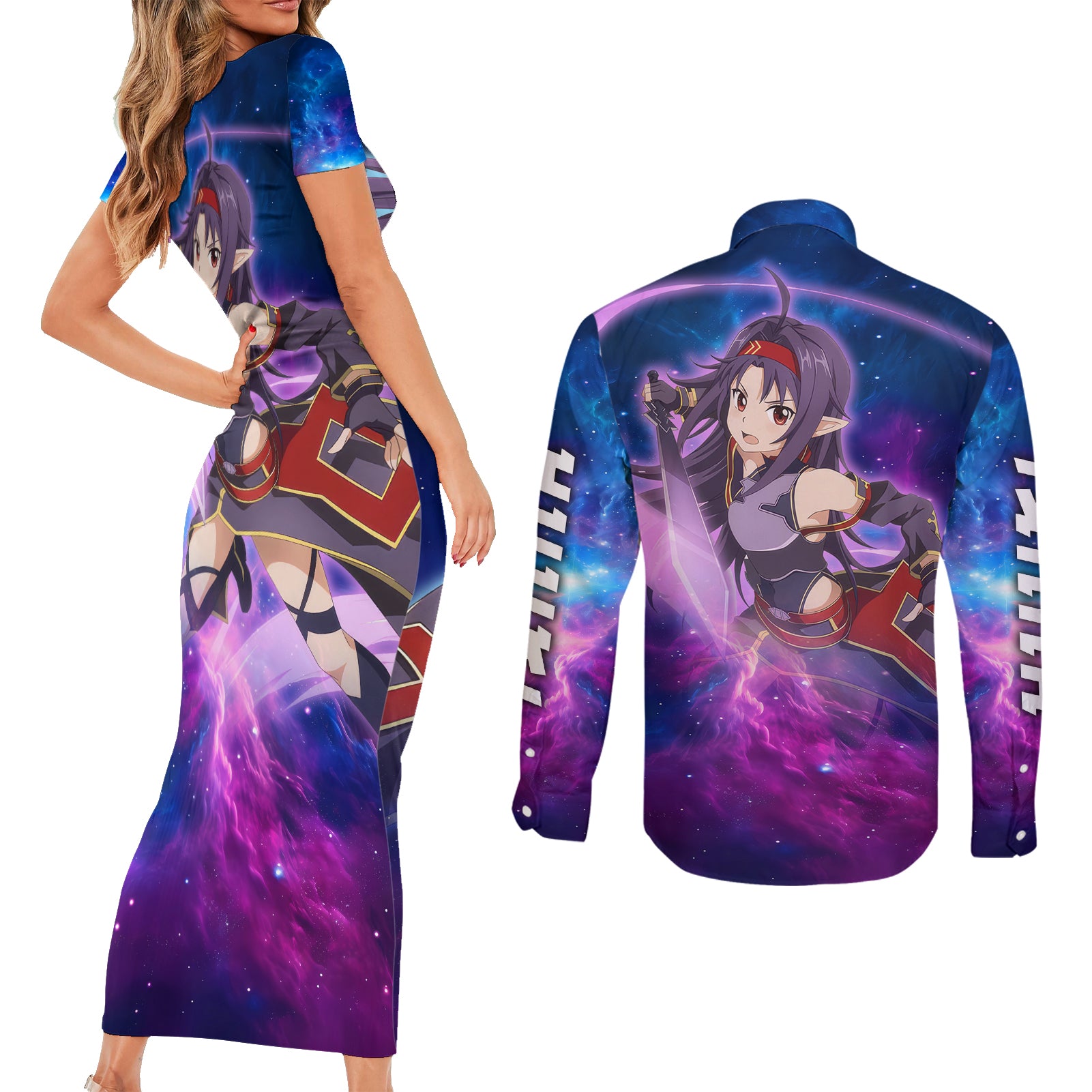 Yuuki Couples Matching Short Sleeve Bodycon Dress and Long Sleeve Button Shirt Sword Art Galaxy Style