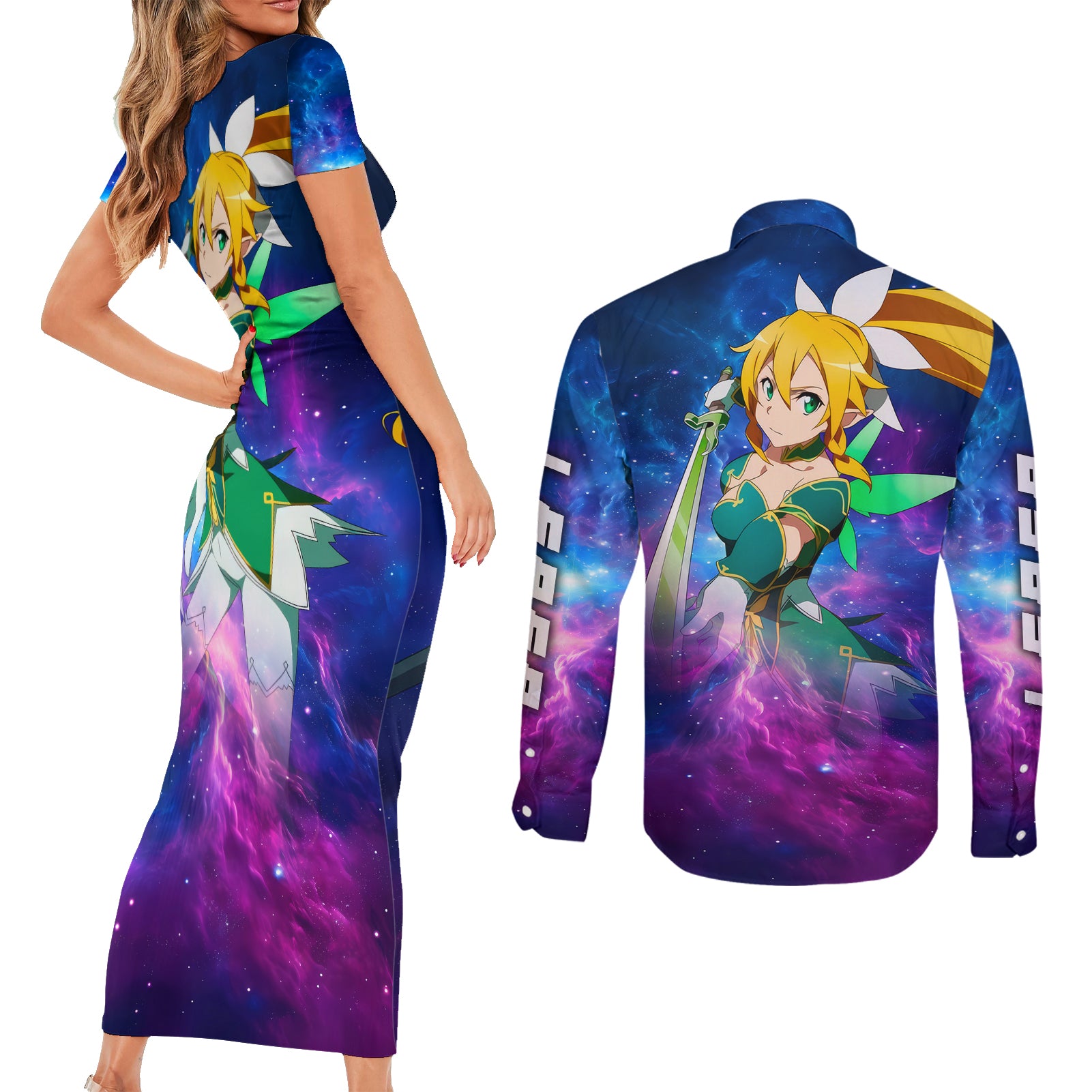 Leafa Couples Matching Short Sleeve Bodycon Dress and Long Sleeve Button Shirt Sword Art Galaxy Style