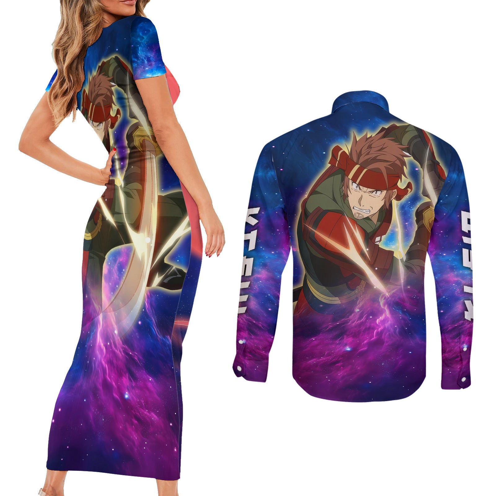 Klein Couples Matching Short Sleeve Bodycon Dress and Long Sleeve Button Shirt Sword Art Galaxy Style