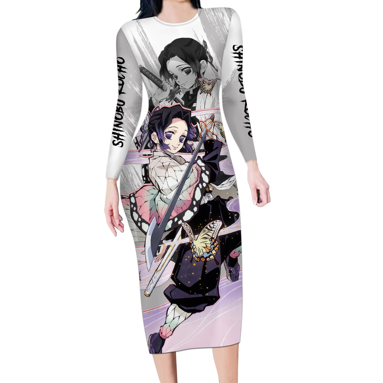 Shinobu Kocho Demon Slayer Long Sleeve Bodycon Dress Anime Style