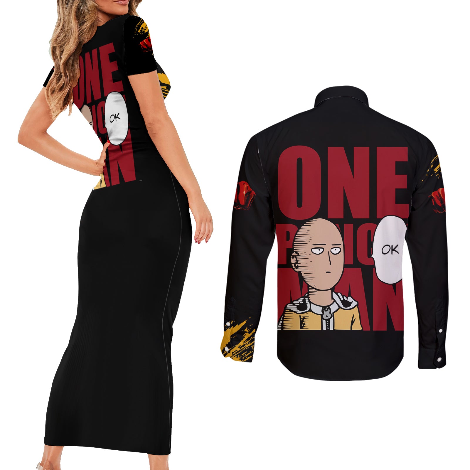 Saitama Couples Matching Short Sleeve Bodycon Dress and Long Sleeve Button Shirt Funny and Cool One Punch Man Anime