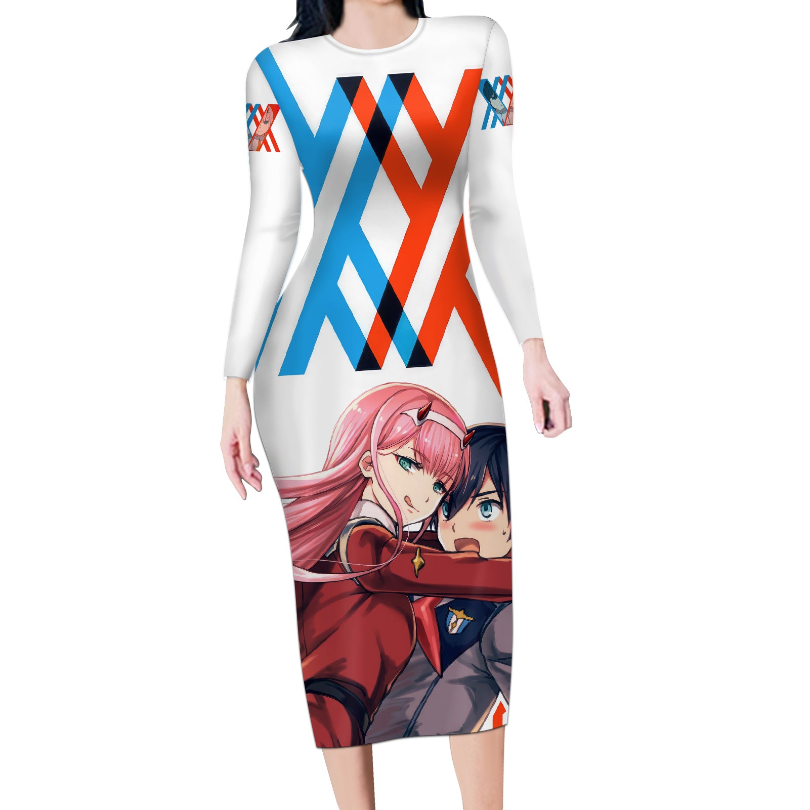 Hiro and Zero Two Strelitzia Long Sleeve Bodycon Dress Anime Style