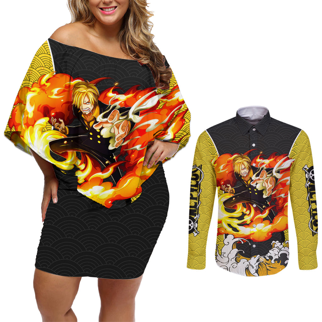 Vinsmoke Sanji - One Piece Couples Matching Off Shoulder Short Dress and Long Sleeve Button Shirt Anime Mix Japan Pattern Style