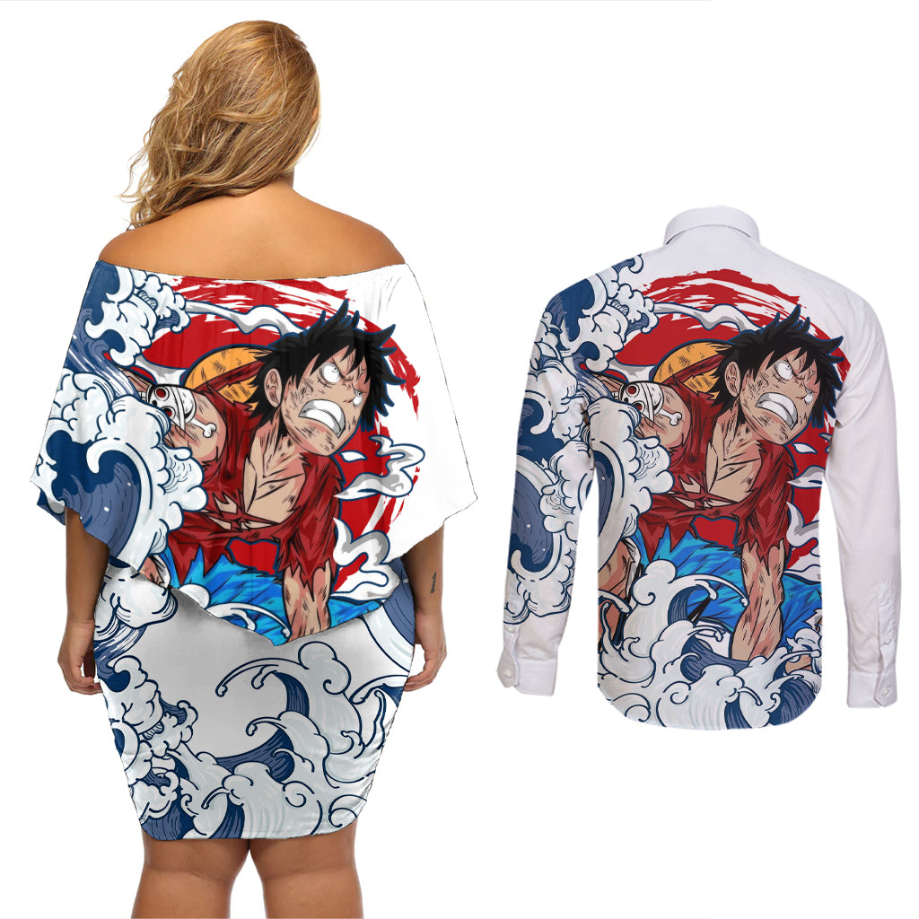 Luffy - One Piece Couples Matching Off Shoulder Short Dress and Long Sleeve Button Shirt Anime Mix Japan Pattern Style
