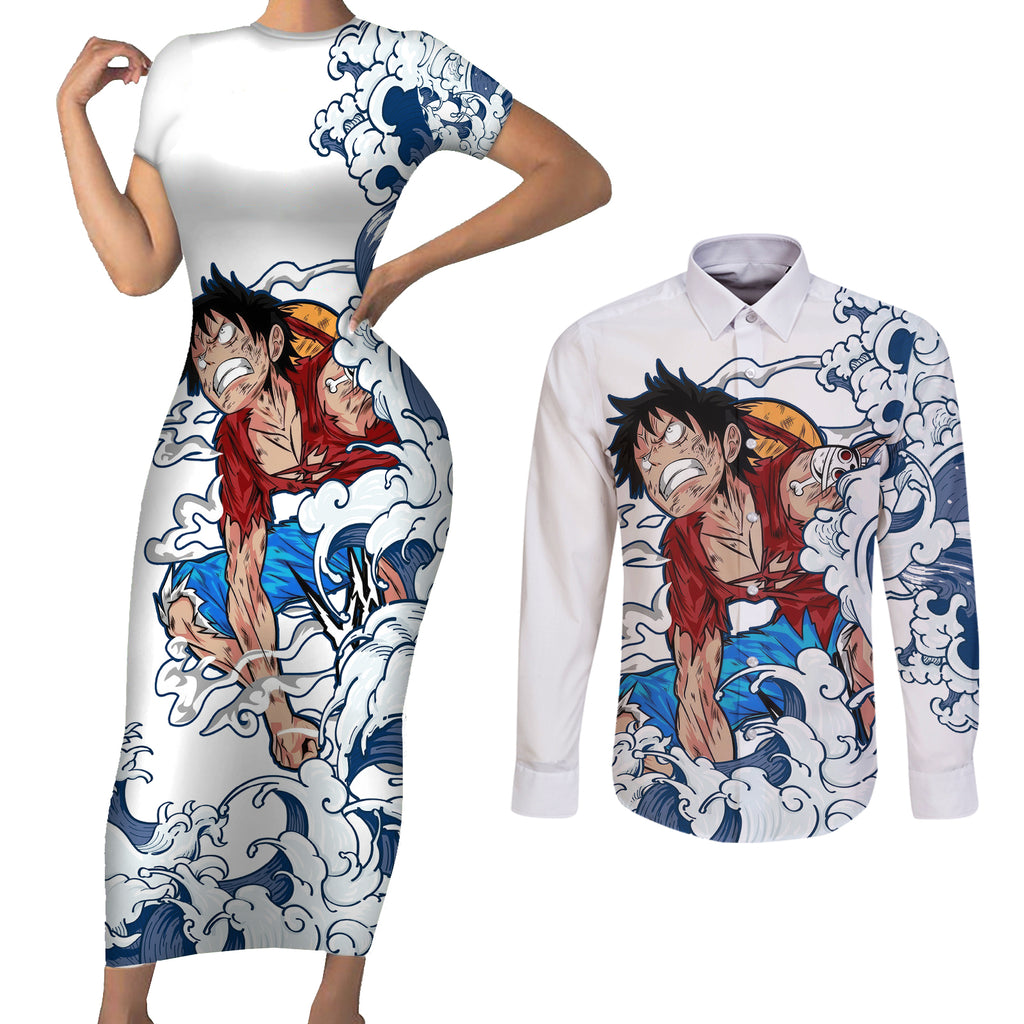 Luffy - One Piece Couples Matching Short Sleeve Bodycon Dress and Long Sleeve Button Shirt Anime Mix Japan Pattern Style