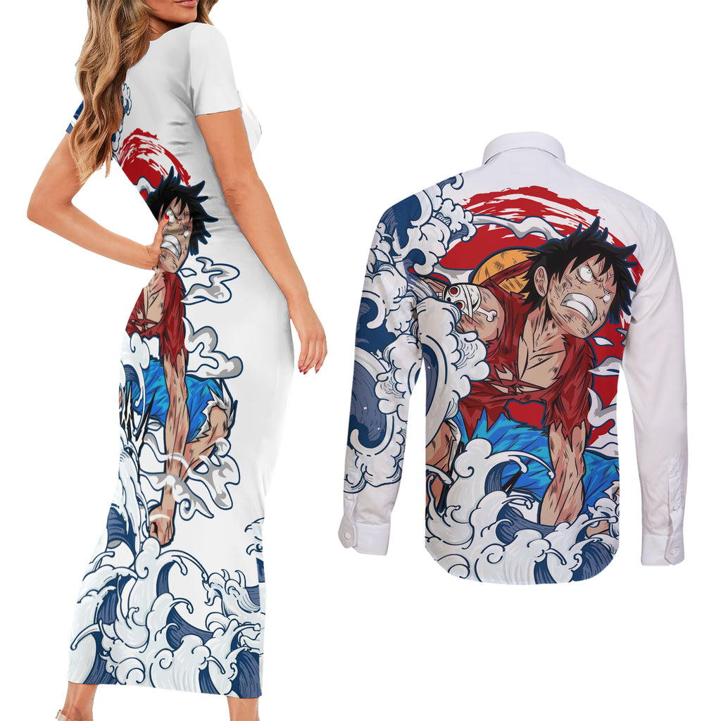 Luffy - One Piece Couples Matching Short Sleeve Bodycon Dress and Long Sleeve Button Shirt Anime Mix Japan Pattern Style