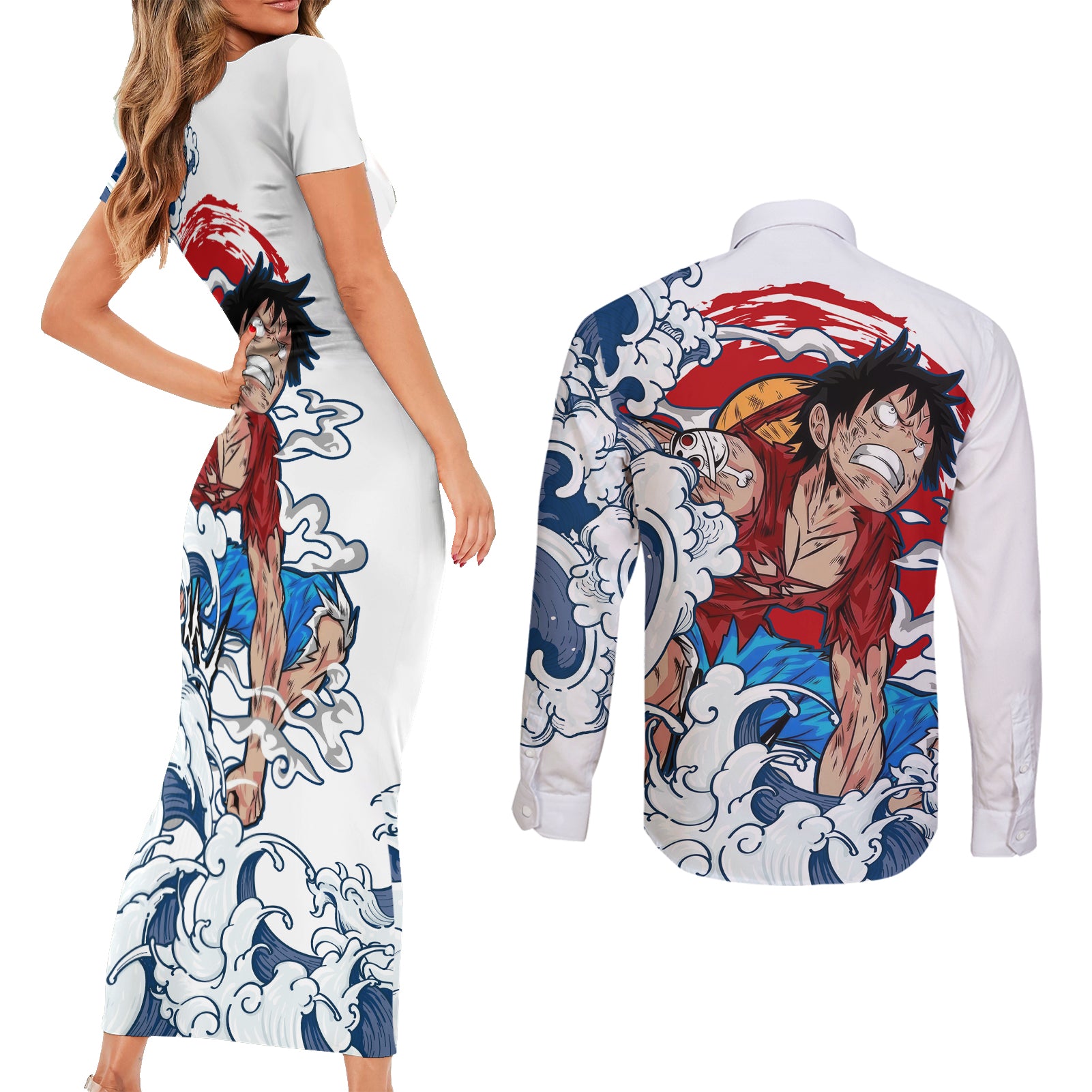 Luffy - One Piece Couples Matching Short Sleeve Bodycon Dress and Long Sleeve Button Shirt Anime Mix Japan Pattern Style