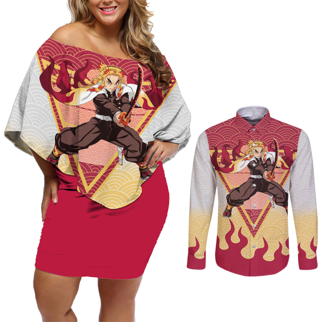 Rengoku Kyoujurou-Demon Slayer Couples Matching Off Shoulder Short Dress and Long Sleeve Button Shirt Anime Mix Japan Pattern Style