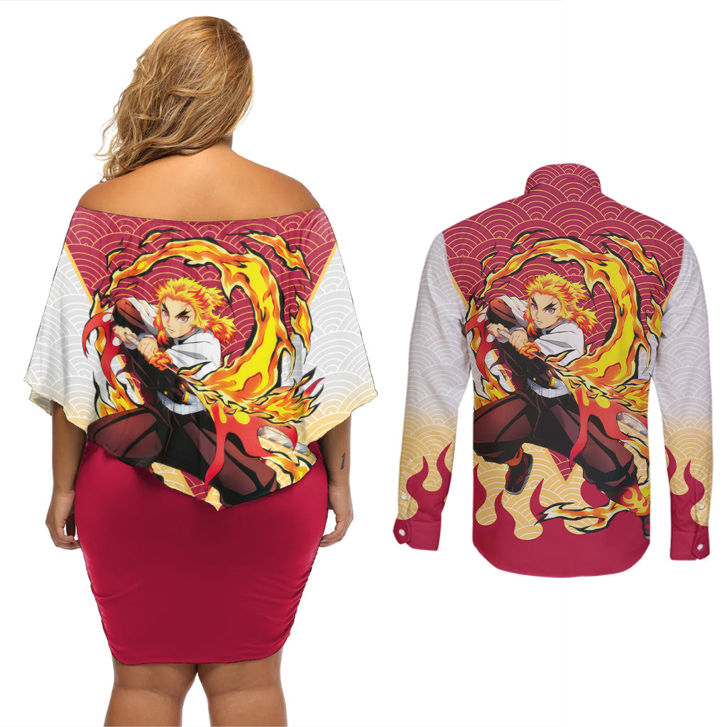 Rengoku Kyoujurou-Demon Slayer Couples Matching Off Shoulder Short Dress and Long Sleeve Button Shirt Anime Mix Japan Pattern Style
