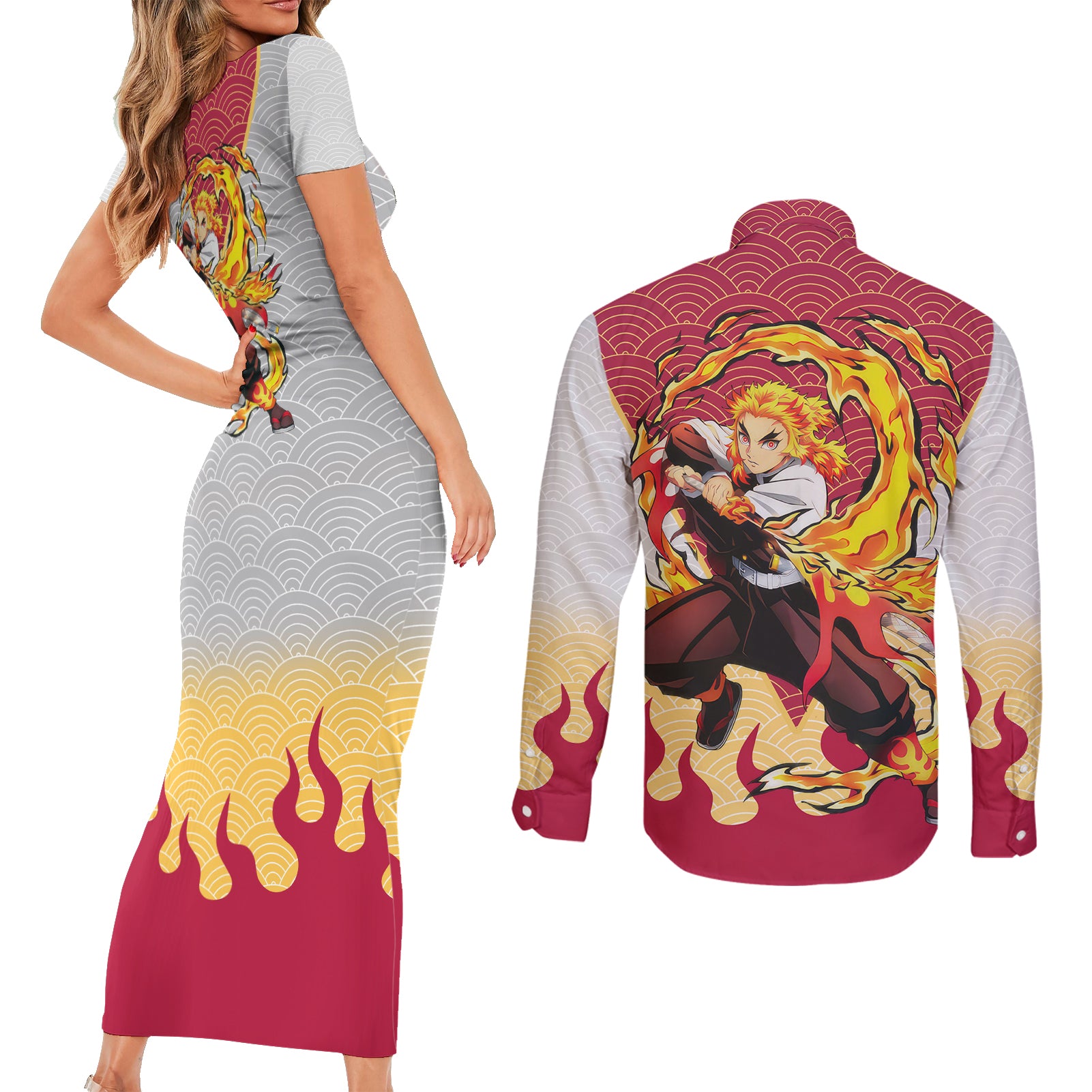 Rengoku Kyoujurou-Demon Slayer Couples Matching Short Sleeve Bodycon Dress and Long Sleeve Button Shirt Anime Mix Japan Pattern Style