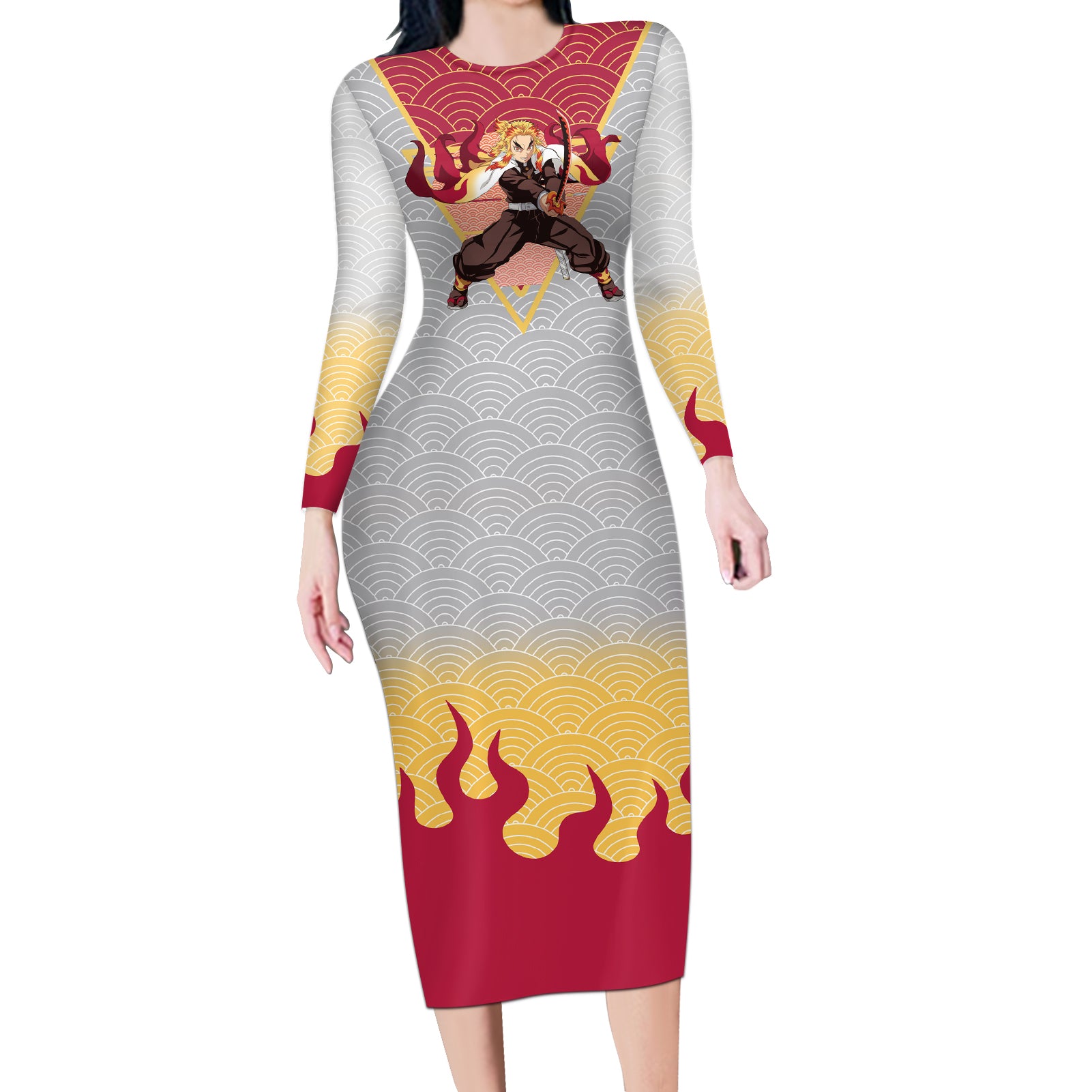 Rengoku Kyoujurou-Demon Slayer Long Sleeve Bodycon Dress Anime Mix Japan Pattern Style