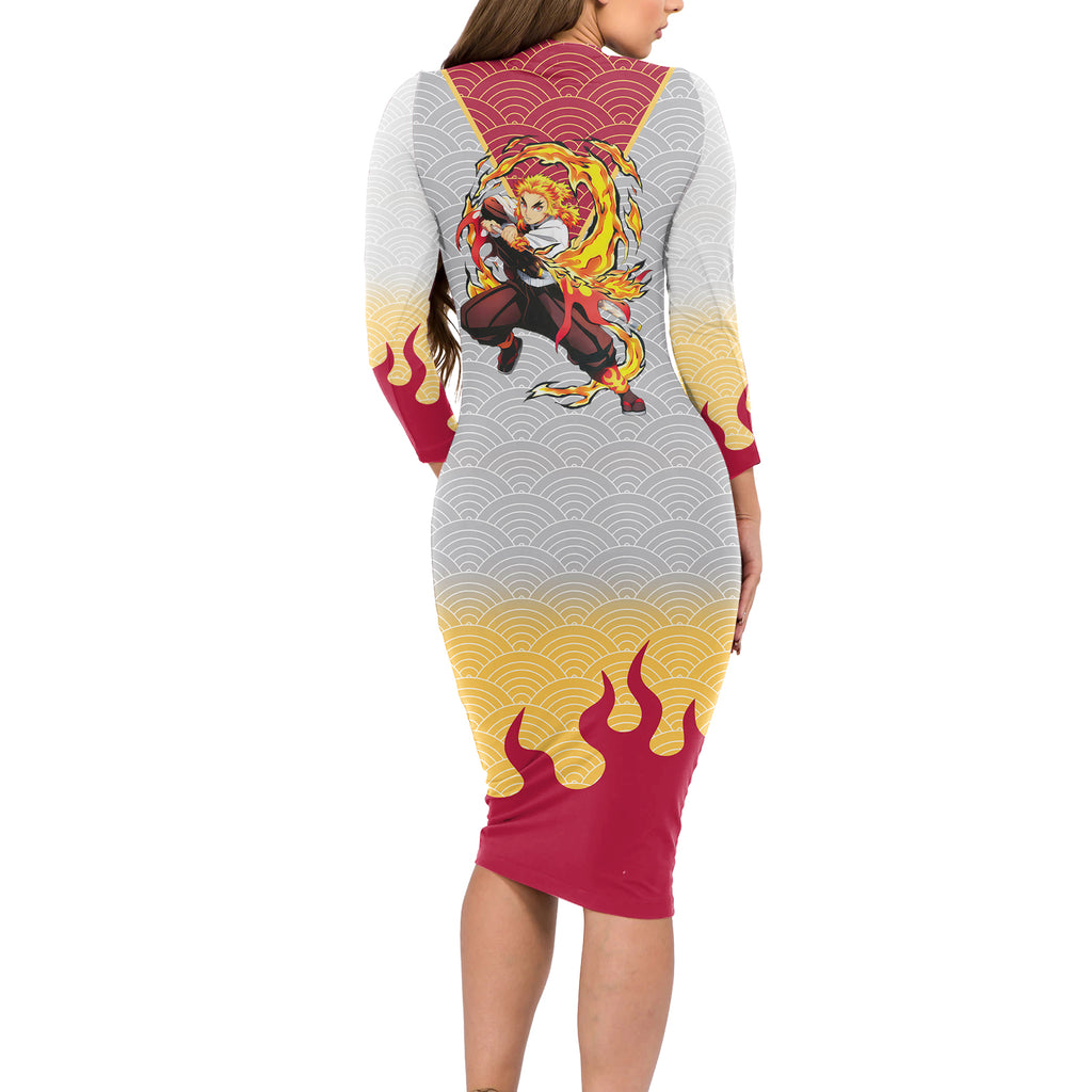 Rengoku Kyoujurou-Demon Slayer Long Sleeve Bodycon Dress Anime Mix Japan Pattern Style