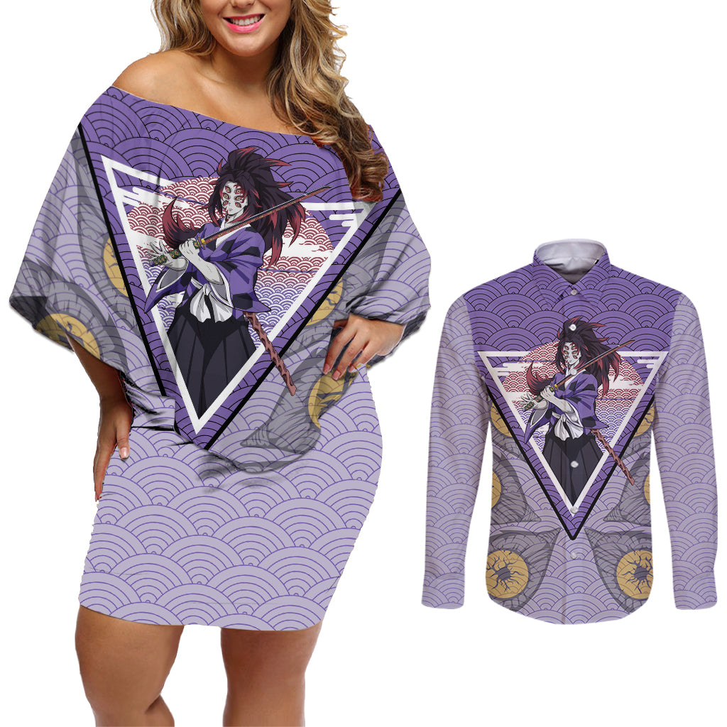 Kokushibo - Demons Slayer Couples Matching Off Shoulder Short Dress and Long Sleeve Button Shirt Anime Mix Japan Pattern Style