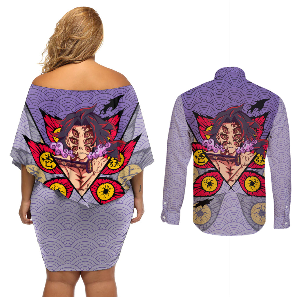 Kokushibo - Demons Slayer Couples Matching Off Shoulder Short Dress and Long Sleeve Button Shirt Anime Mix Japan Pattern Style