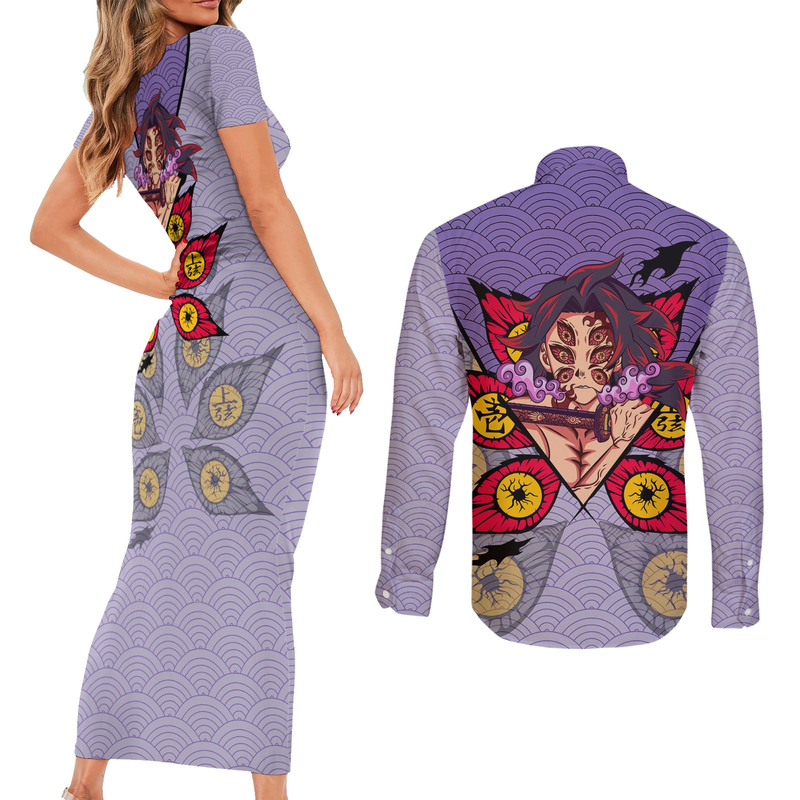 Kokushibo - Demons Slayer Couples Matching Short Sleeve Bodycon Dress and Long Sleeve Button Shirt Anime Mix Japan Pattern Style