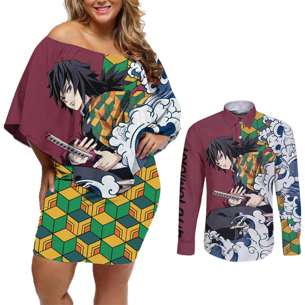 Giyu Tomioka - Demons Slayer Couples Matching Off Shoulder Short Dress and Long Sleeve Button Shirt Anime Mix Japan Pattern Style