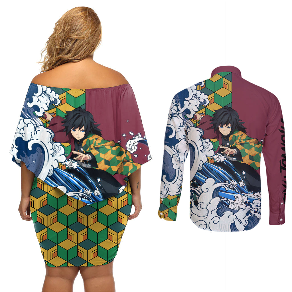 Giyu Tomioka - Demons Slayer Couples Matching Off Shoulder Short Dress and Long Sleeve Button Shirt Anime Mix Japan Pattern Style