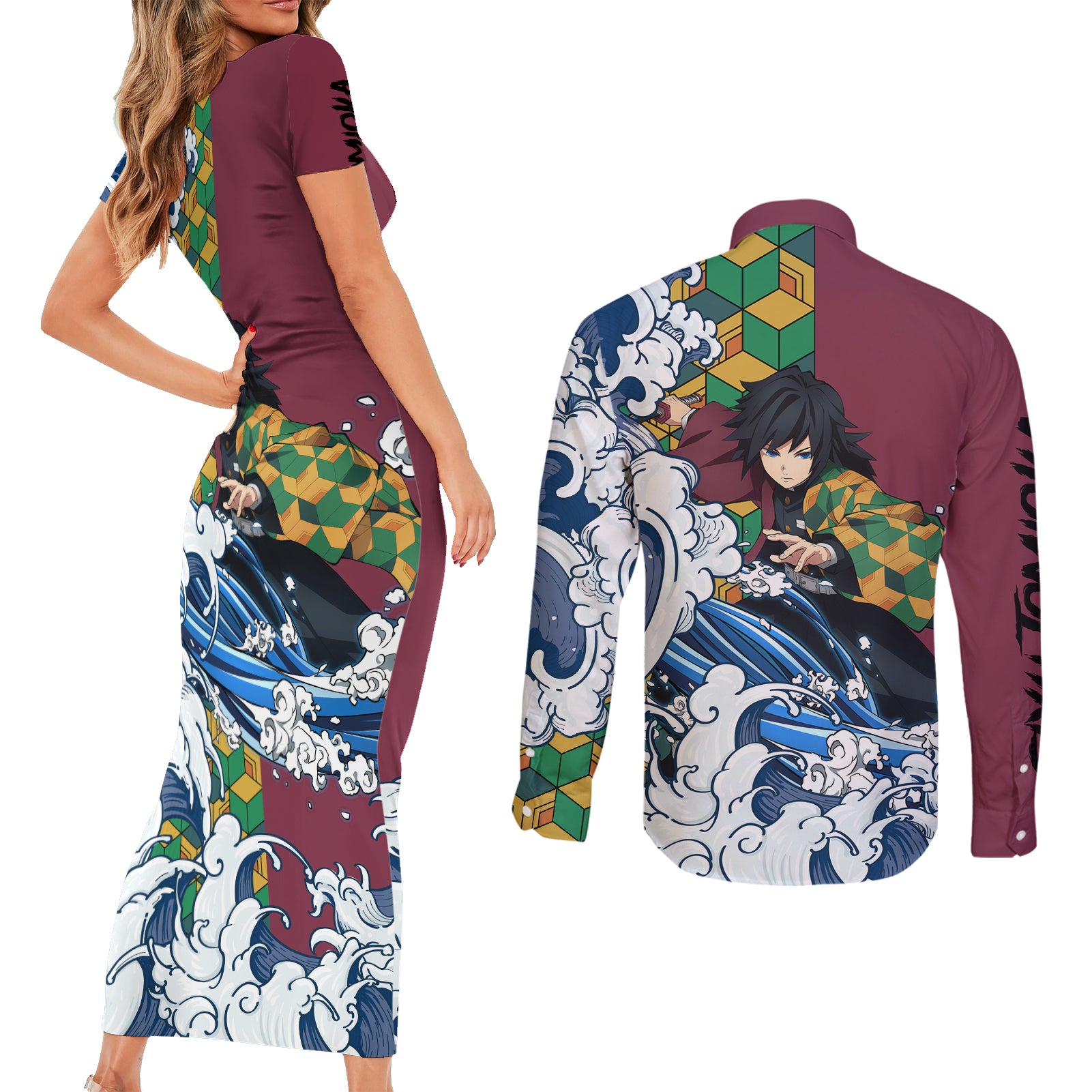 Giyu Tomioka - Demons Slayer Couples Matching Short Sleeve Bodycon Dress and Long Sleeve Button Shirt Anime Mix Japan Pattern Style