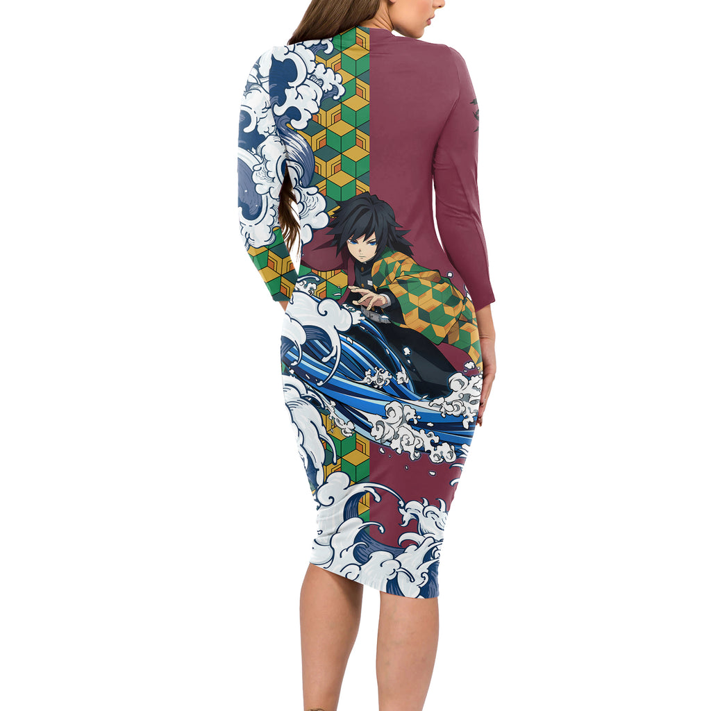 Giyu Tomioka - Demons Slayer Long Sleeve Bodycon Dress Anime Mix Japan Pattern Style