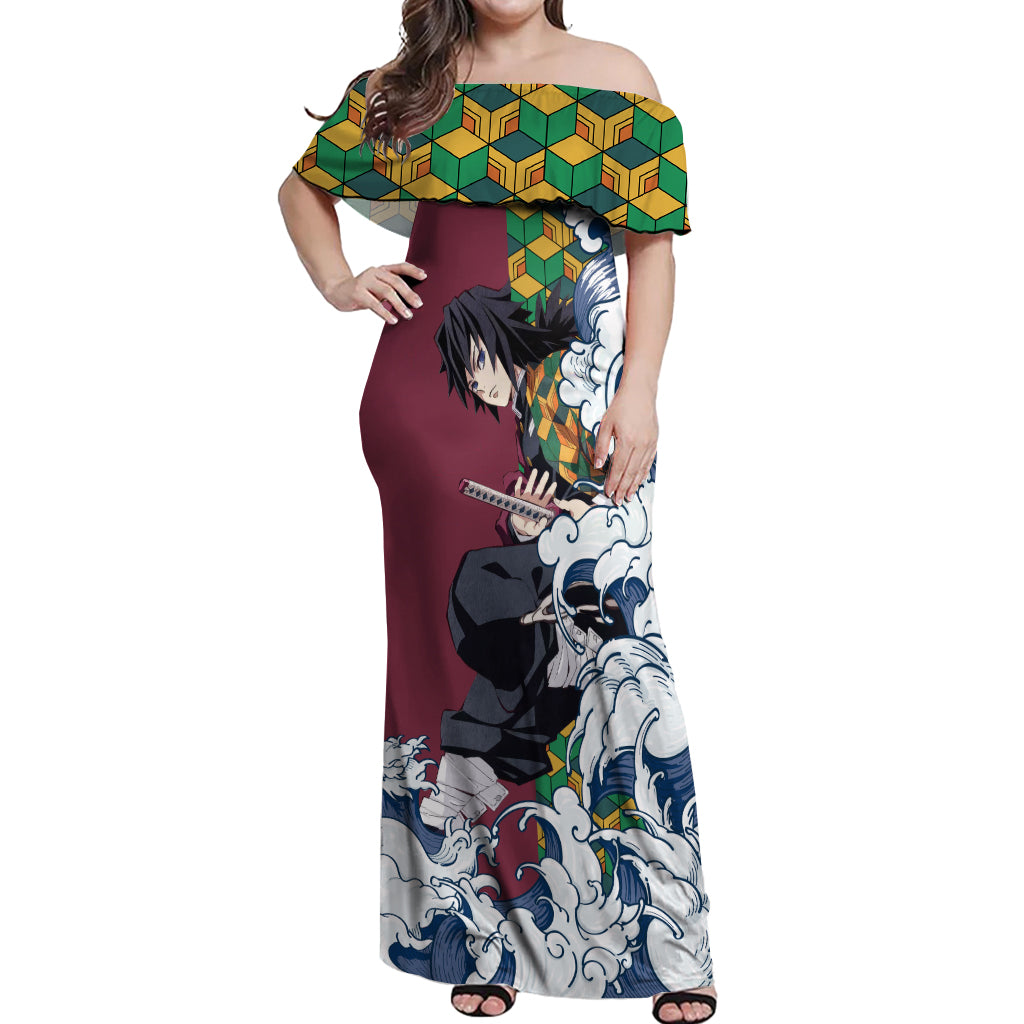 Giyu Tomioka - Demons Slayer Off Shoulder Maxi Dress Anime Mix Japan Pattern Style
