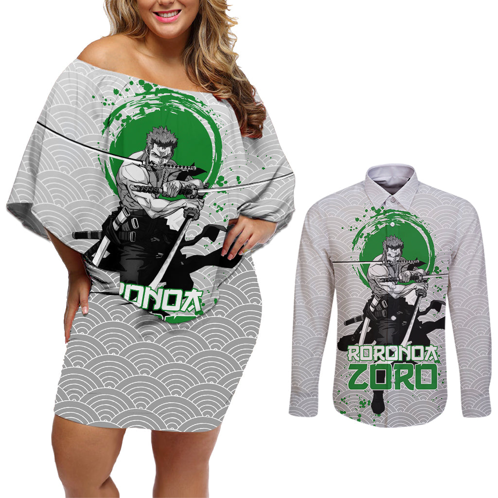 Roronoa Zoro - One Piece Couples Matching Off Shoulder Short Dress and Long Sleeve Button Shirt Anime Mix Japan Pattern Style