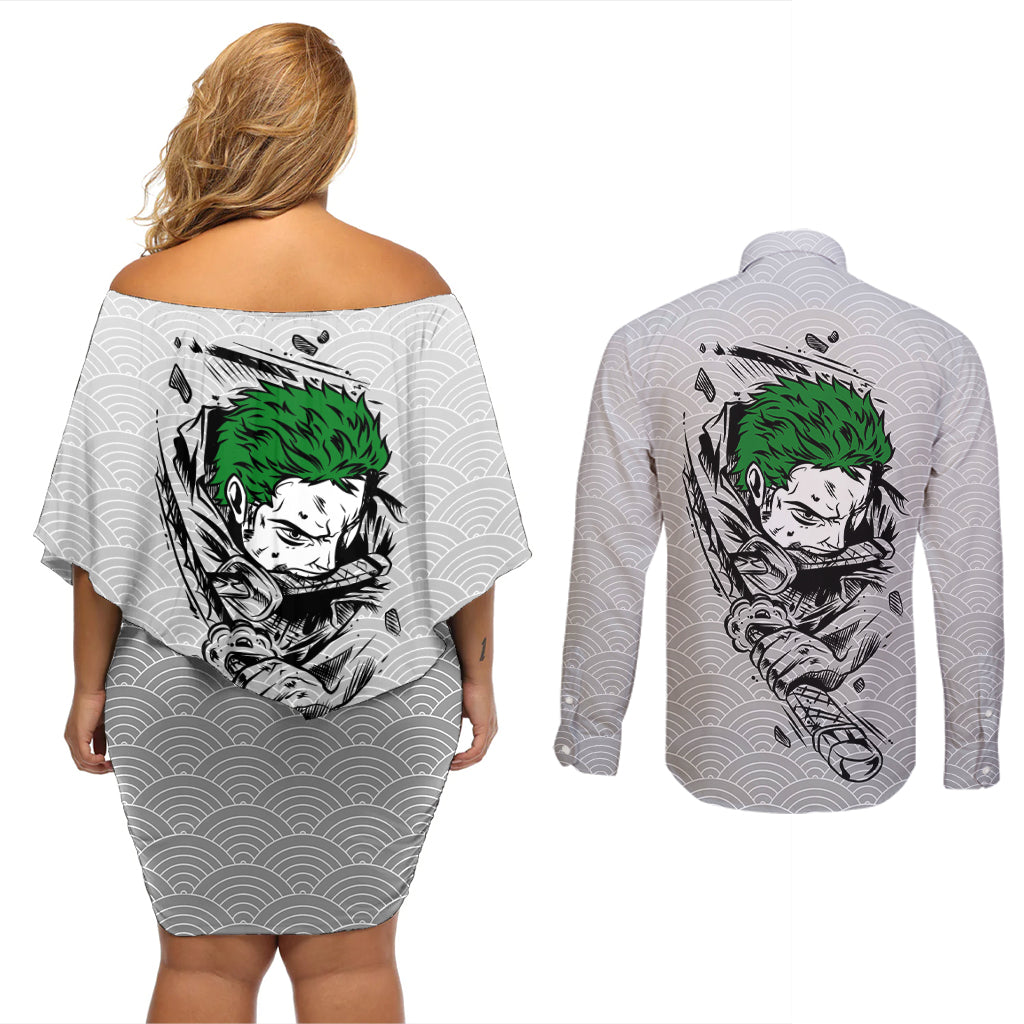 Roronoa Zoro - One Piece Couples Matching Off Shoulder Short Dress and Long Sleeve Button Shirt Anime Mix Japan Pattern Style