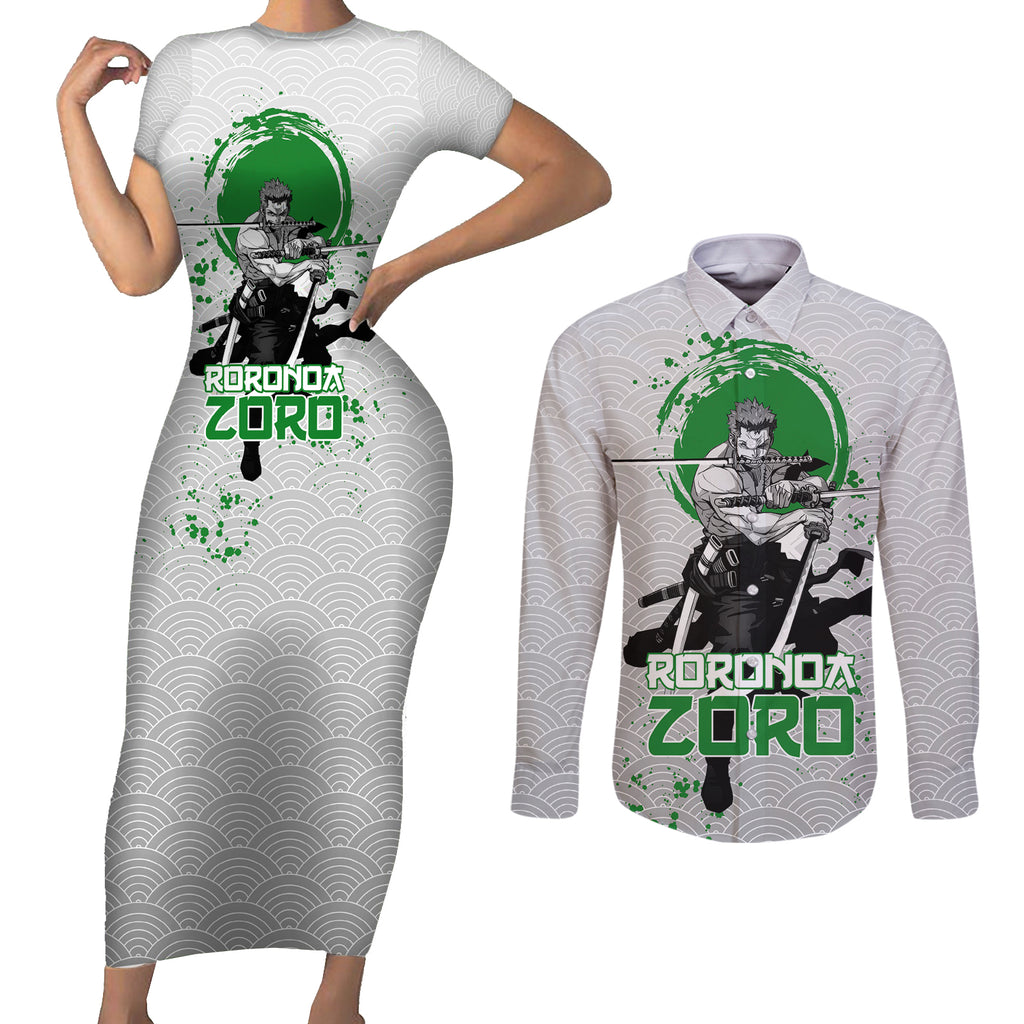 Roronoa Zoro - One Piece Couples Matching Short Sleeve Bodycon Dress and Long Sleeve Button Shirt Anime Mix Japan Pattern Style