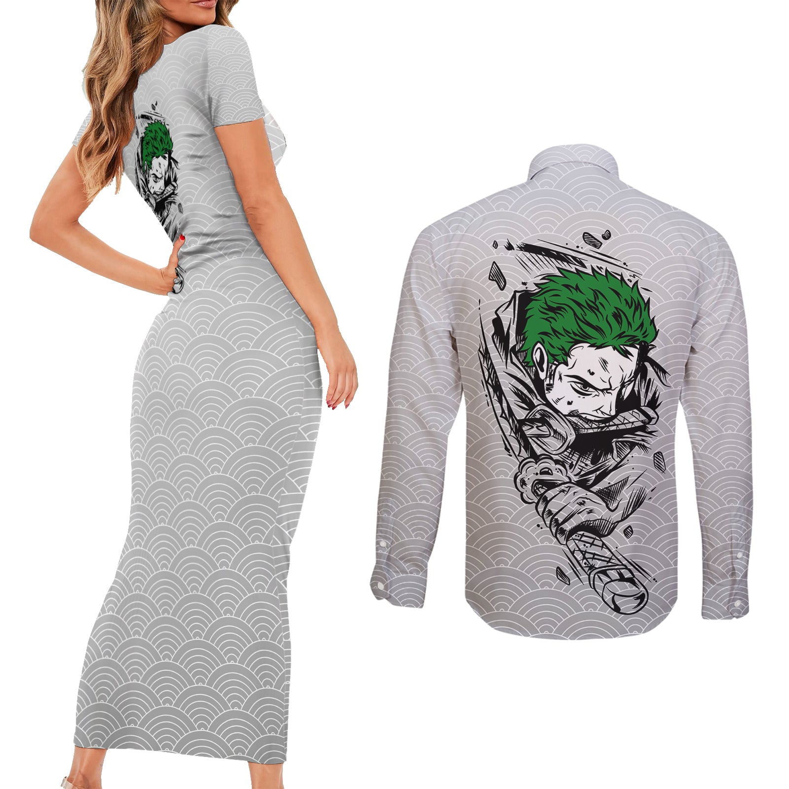 Roronoa Zoro - One Piece Couples Matching Short Sleeve Bodycon Dress and Long Sleeve Button Shirt Anime Mix Japan Pattern Style
