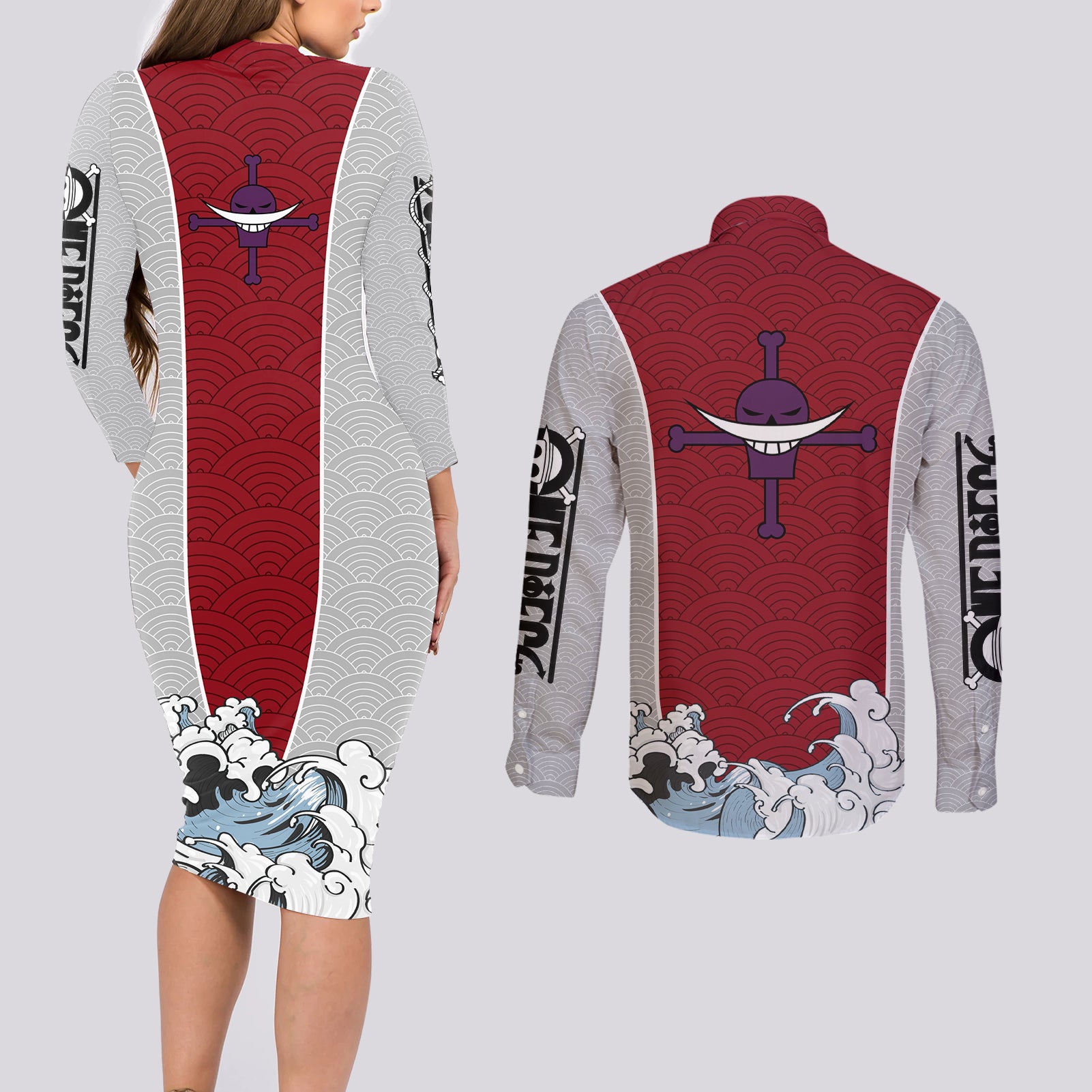 Edward Newgate - One Piece Couples Matching Long Sleeve Bodycon Dress and Long Sleeve Button Shirt Anime Mix Japan Pattern Style