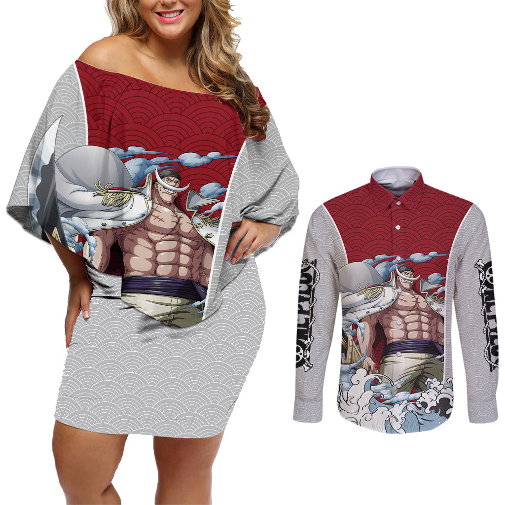 Edward Newgate - One Piece Couples Matching Off Shoulder Short Dress and Long Sleeve Button Shirt Anime Mix Japan Pattern Style
