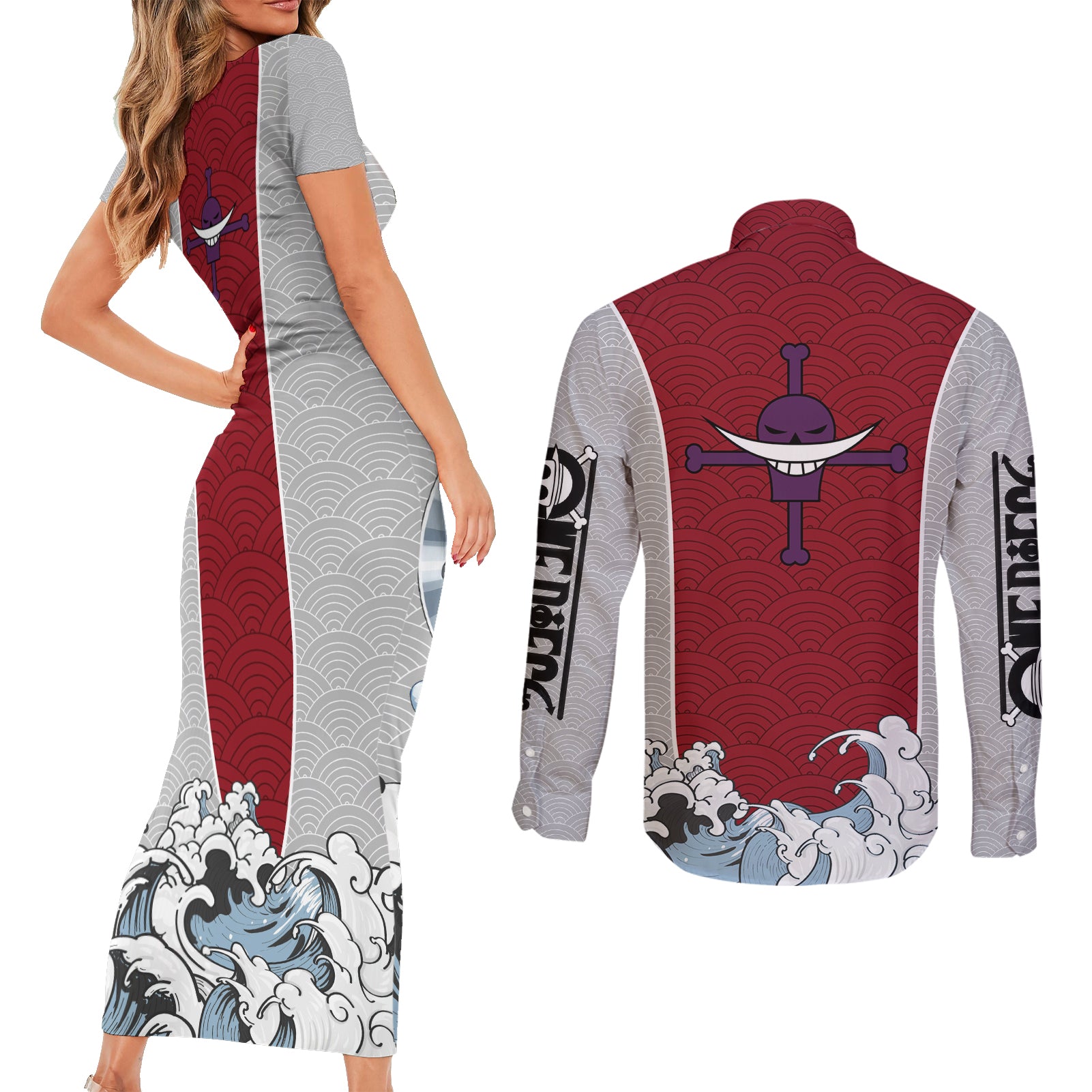 Edward Newgate - One Piece Couples Matching Short Sleeve Bodycon Dress and Long Sleeve Button Shirt Anime Mix Japan Pattern Style