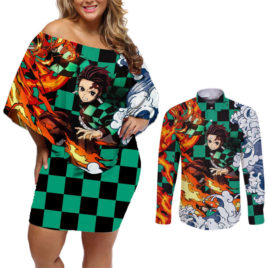 Tanjiro - Demon Slayer Couples Matching Off Shoulder Short Dress and Long Sleeve Button Shirt Anime Mix Japan Pattern Style