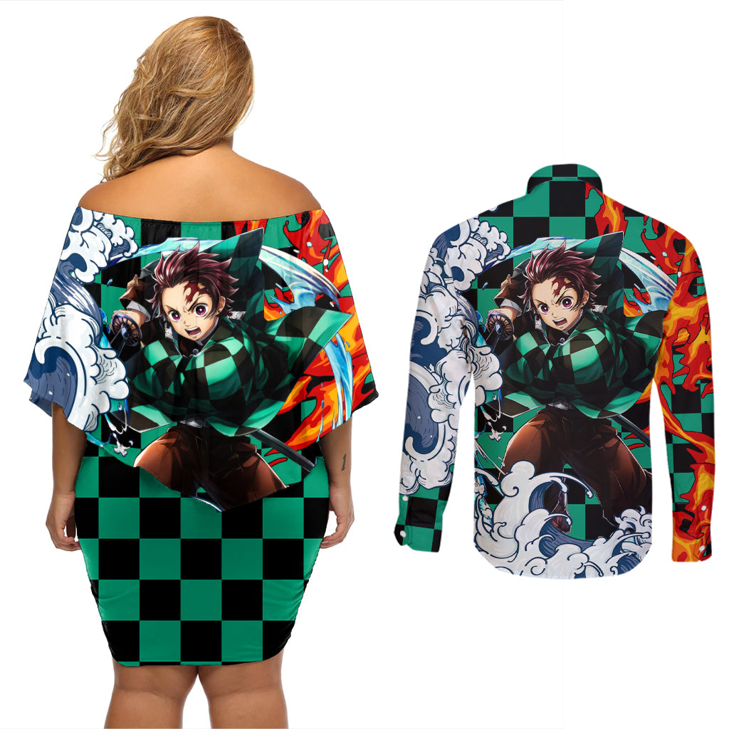 Tanjiro - Demon Slayer Couples Matching Off Shoulder Short Dress and Long Sleeve Button Shirt Anime Mix Japan Pattern Style