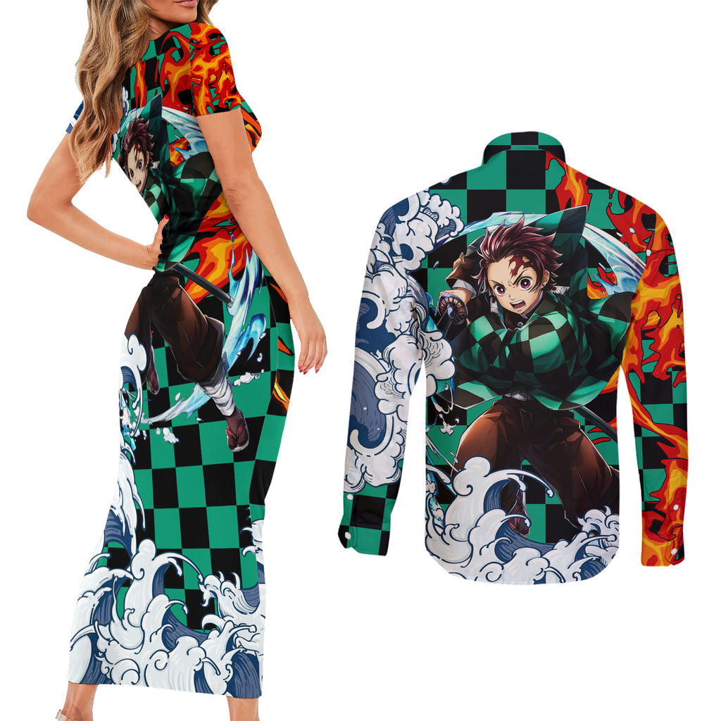 Tanjiro - Demon Slayer Couples Matching Short Sleeve Bodycon Dress and Long Sleeve Button Shirt Anime Mix Japan Pattern Style