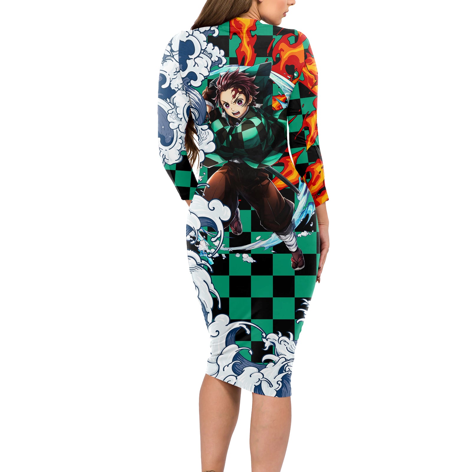 Tanjiro - Demon Slayer Long Sleeve Bodycon Dress Anime Mix Japan Pattern Style
