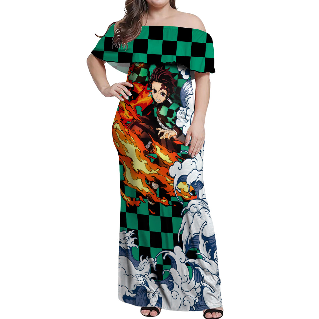 Tanjiro - Demon Slayer Off Shoulder Maxi Dress Anime Mix Japan Pattern Style