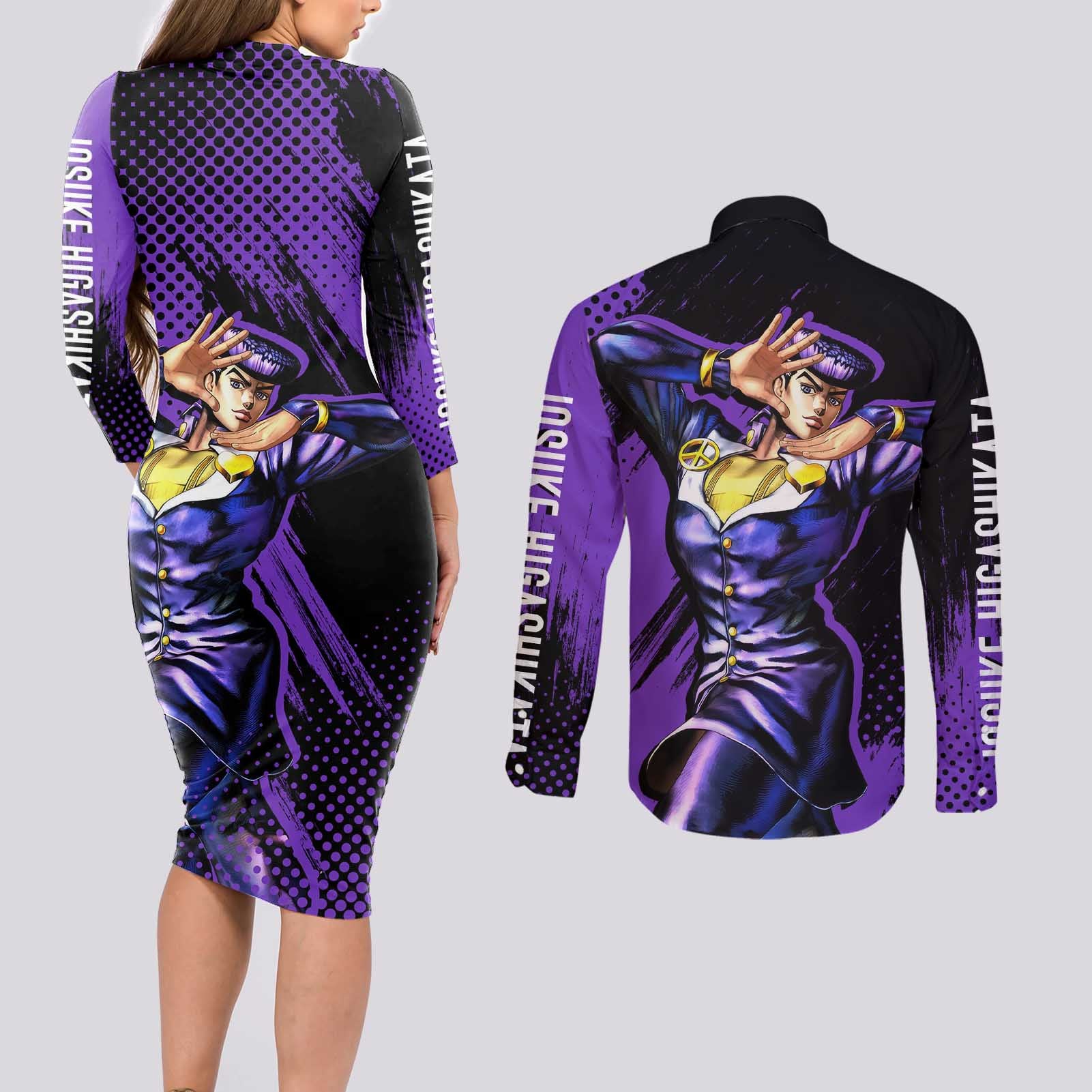 Josuke Higashikata - JoJo's Bizarre Adventure Couples Matching Long Sleeve Bodycon Dress and Long Sleeve Button Shirt Anime Style