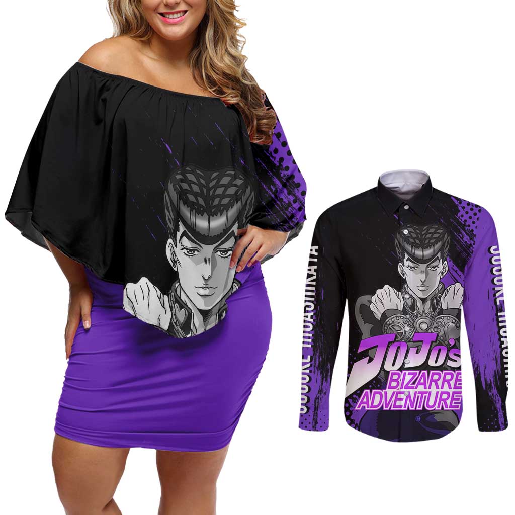 Josuke Higashikata - JoJo's Bizarre Adventure Couples Matching Off Shoulder Short Dress and Long Sleeve Button Shirt Anime Style