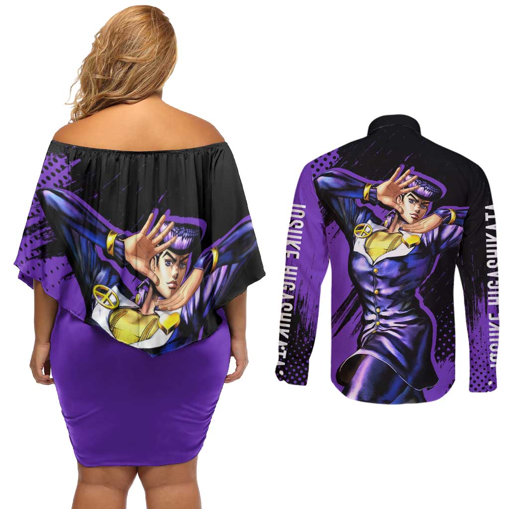 Josuke Higashikata - JoJo's Bizarre Adventure Couples Matching Off Shoulder Short Dress and Long Sleeve Button Shirt Anime Style