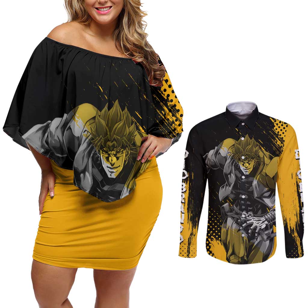 Dio Brando - JoJo's Bizarre Adventure Couples Matching Off Shoulder Short Dress and Long Sleeve Button Shirt Anime Mix Manga Style