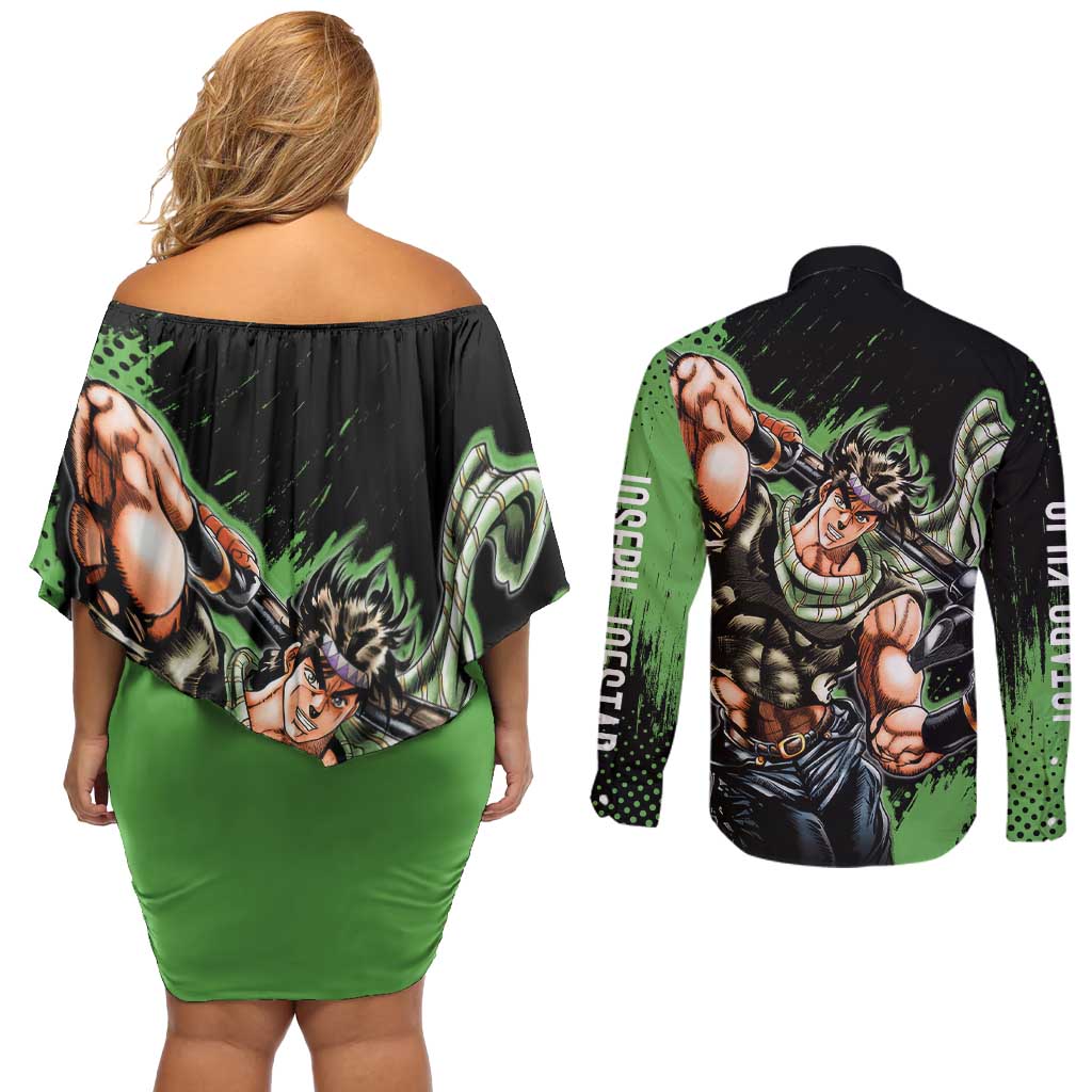 Joseph Joestar - JoJo's Bizarre Adventure Couples Matching Off Shoulder Short Dress and Long Sleeve Button Shirt Anime Style