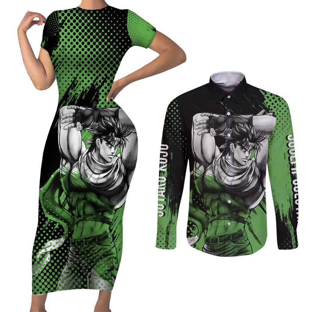 Joseph Joestar - JoJo's Bizarre Adventure Couples Matching Short Sleeve Bodycon Dress and Long Sleeve Button Shirt Anime Style