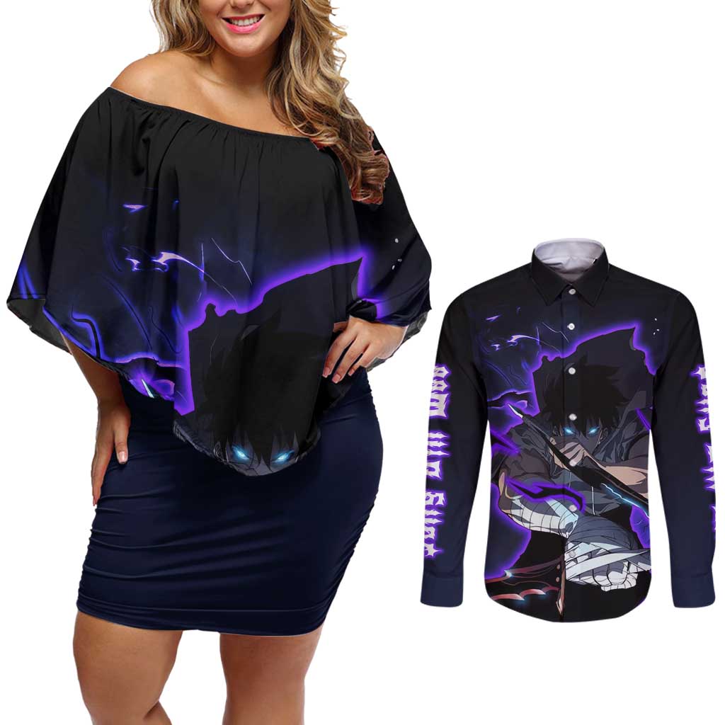 Sung Jin Woo - - Solo Leveling Couples Matching Off Shoulder Short Dress and Long Sleeve Button Shirt Anime Style