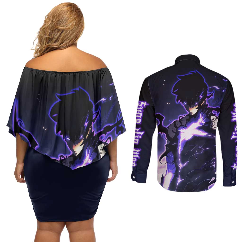 Sung Jin Woo - - Solo Leveling Couples Matching Off Shoulder Short Dress and Long Sleeve Button Shirt Anime Style