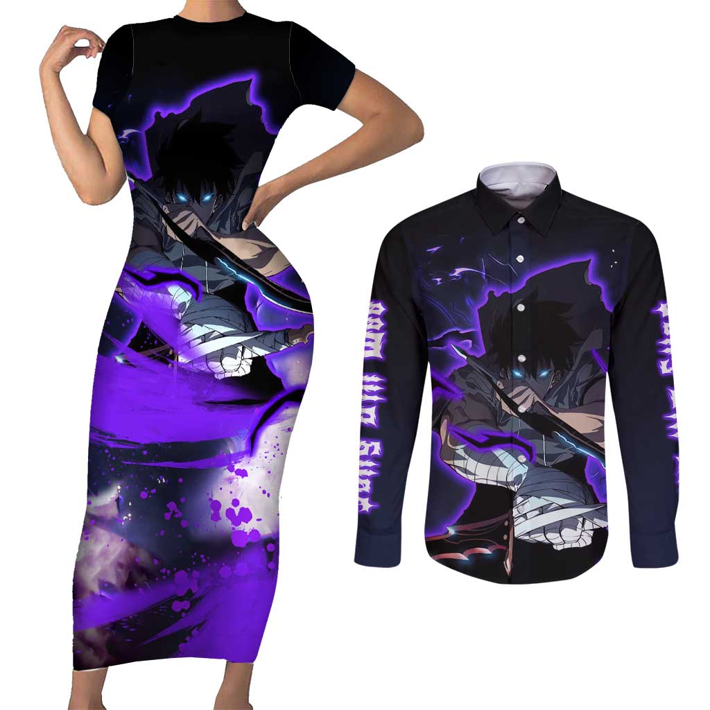 Sung Jin Woo - - Solo Leveling Couples Matching Short Sleeve Bodycon Dress and Long Sleeve Button Shirt Anime Style