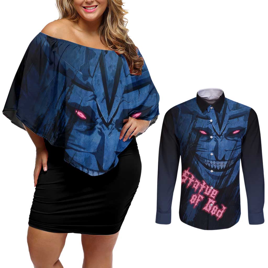 Statue of God - Solo Leveling Couples Matching Off Shoulder Short Dress and Long Sleeve Button Shirt Anime Style