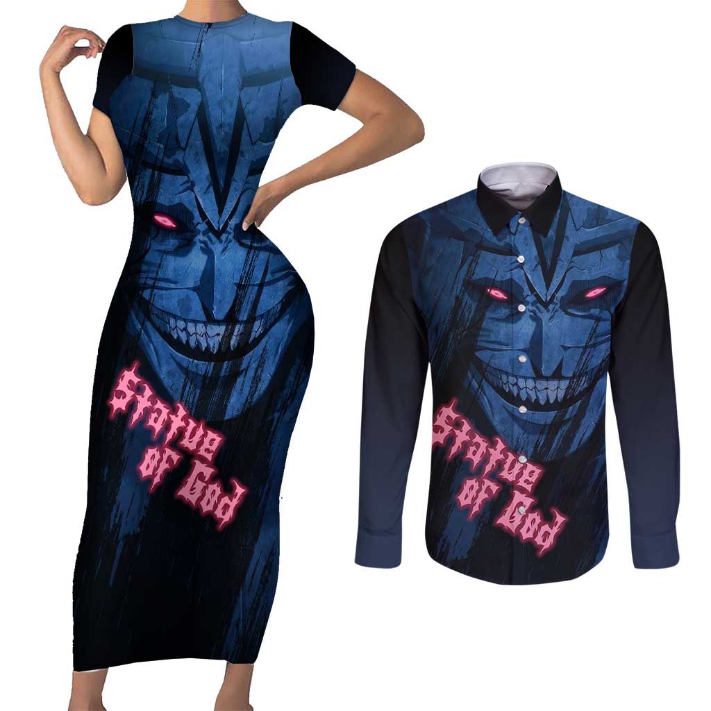Statue of God - Solo Leveling Couples Matching Short Sleeve Bodycon Dress and Long Sleeve Button Shirt Anime Style